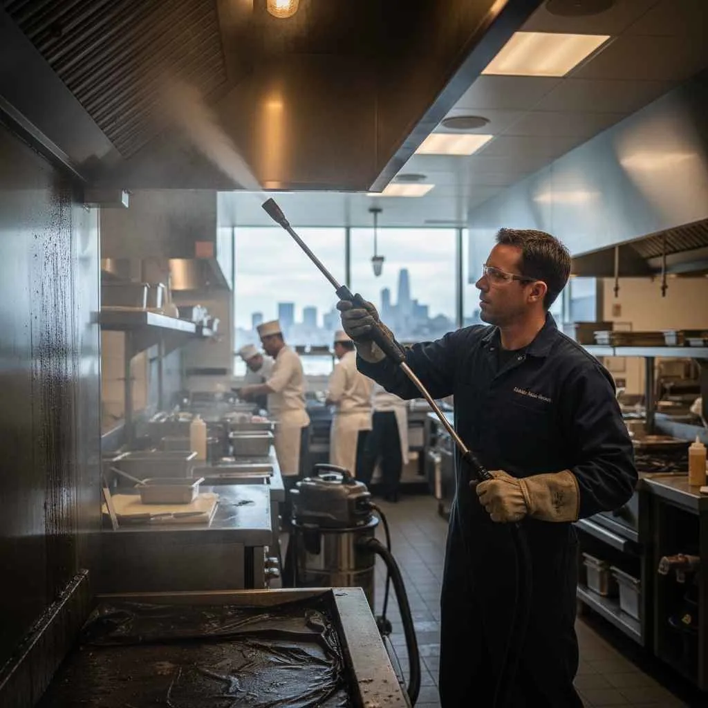 Technician cleaning kitchen walls or vents.
