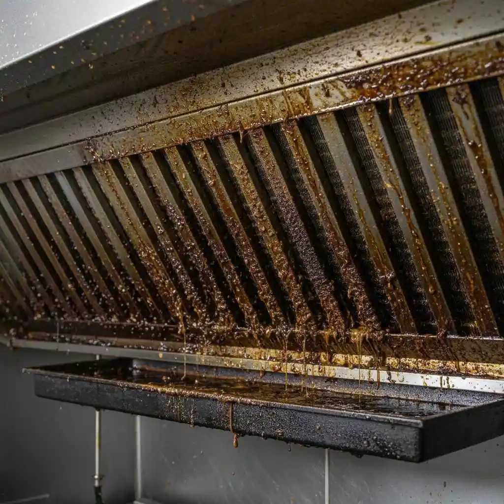 Grease buildup inside a commercial kitchen hood