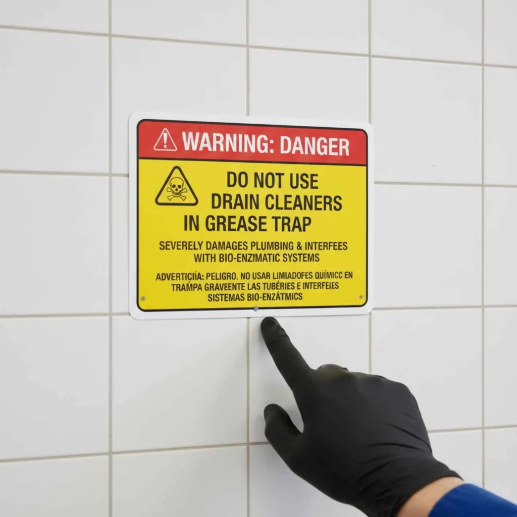 warning sign against chemical drain cleaners