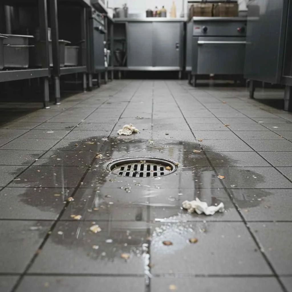 water pooling near a commercial kitchen floor drain