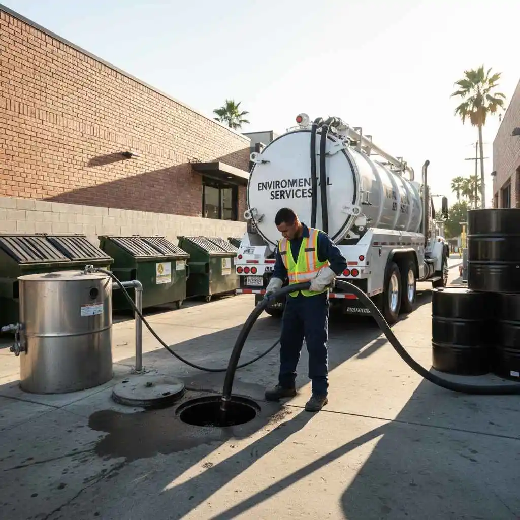 Technician pumping grease trap outside restaurant