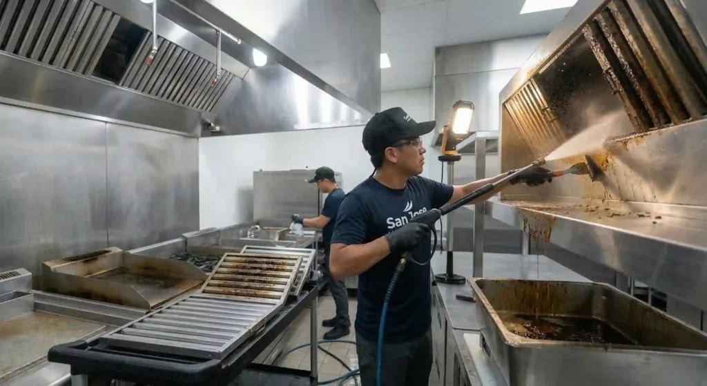 commercial kitchen exhaust system being cleaned.