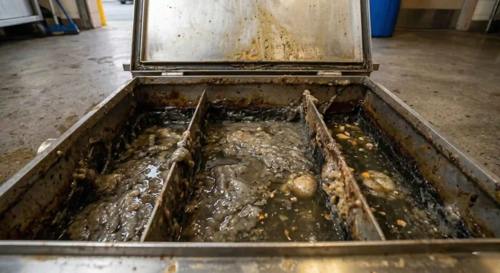 grease buildup inside a grease trap before cleaning.