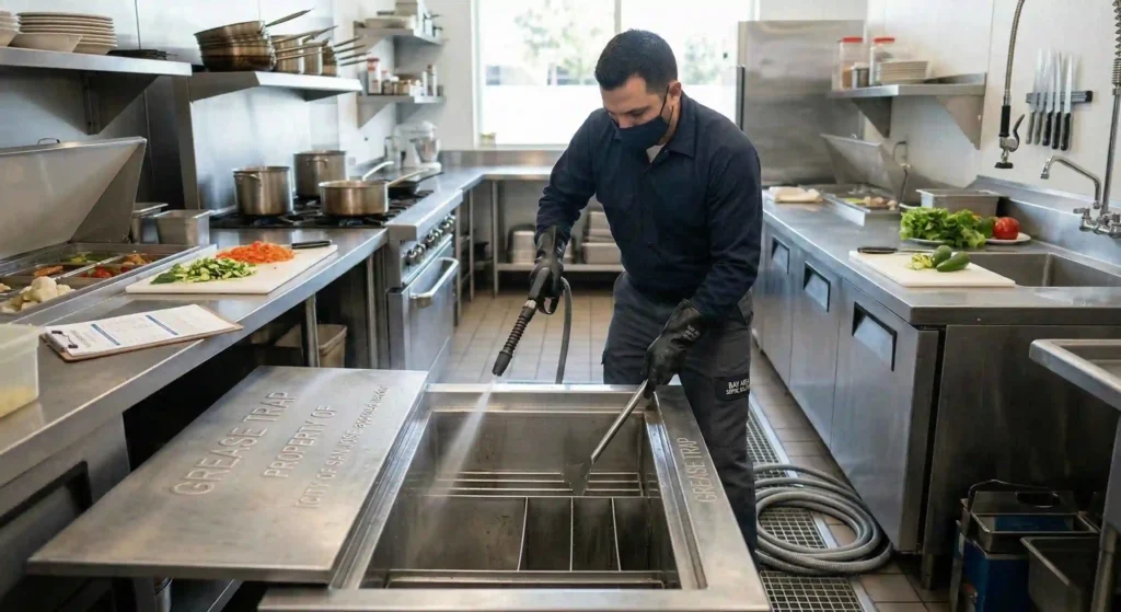 professional grease trap cleaning service in a San Jose commercial kitchen.