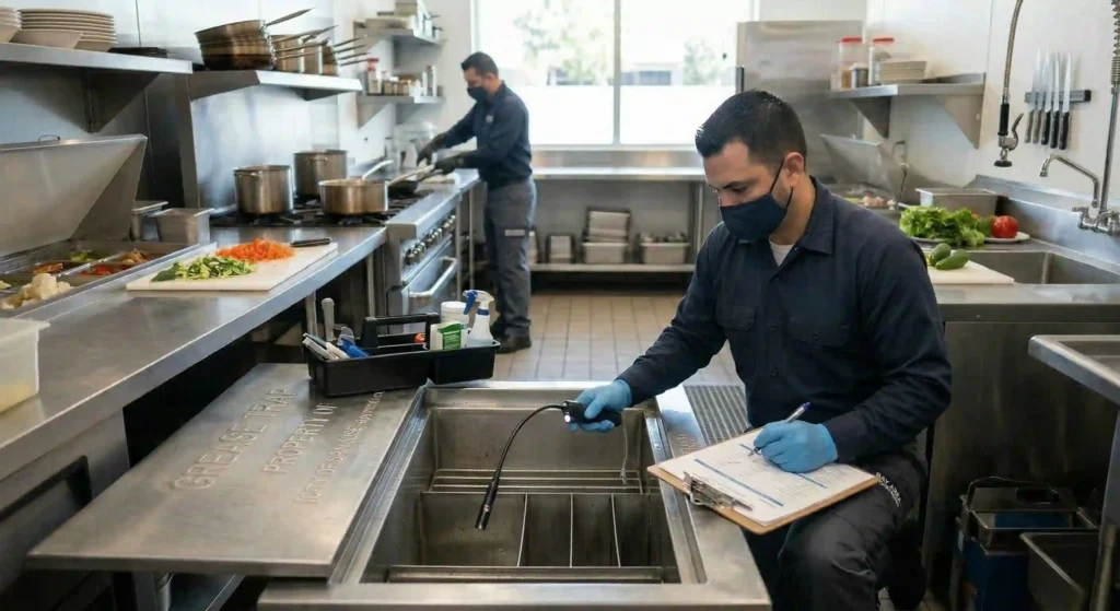 properly maintained grease trap system with technician inspecting components.