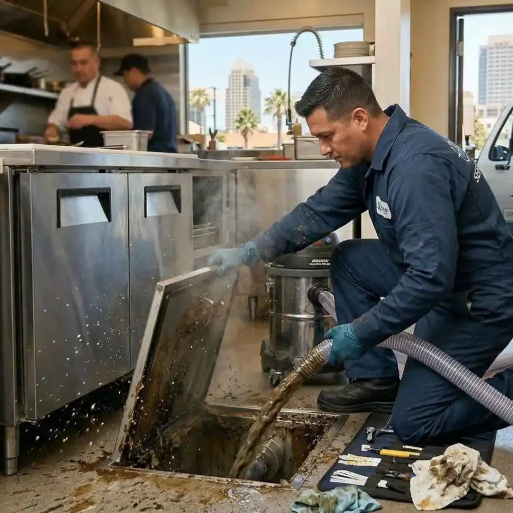technician cleaning a grease trap