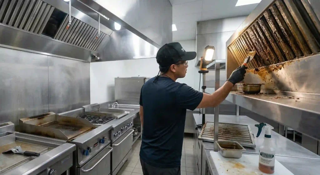 technician removing grease buildup from a commercial kitchen hood.