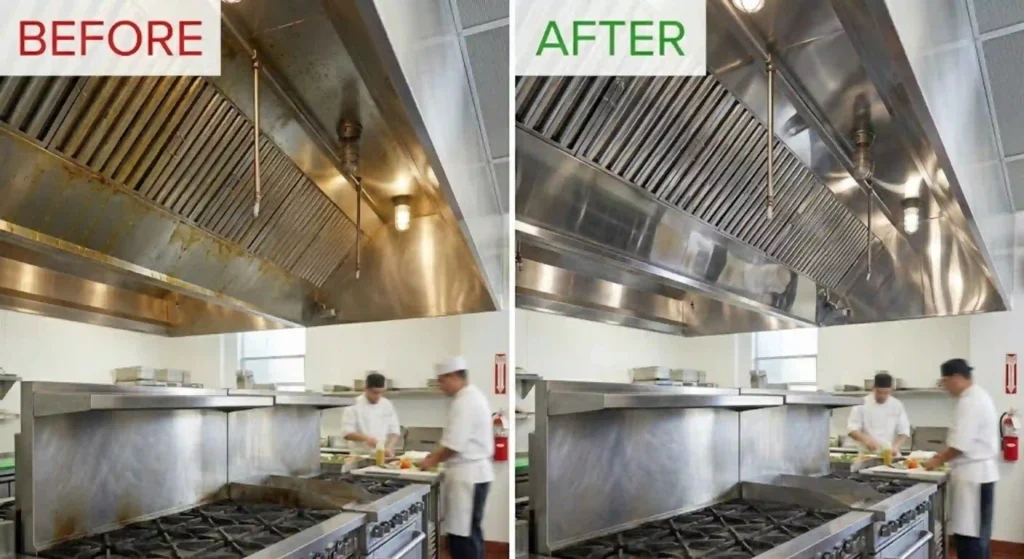 beforeafter image of greasy vs. clean hood