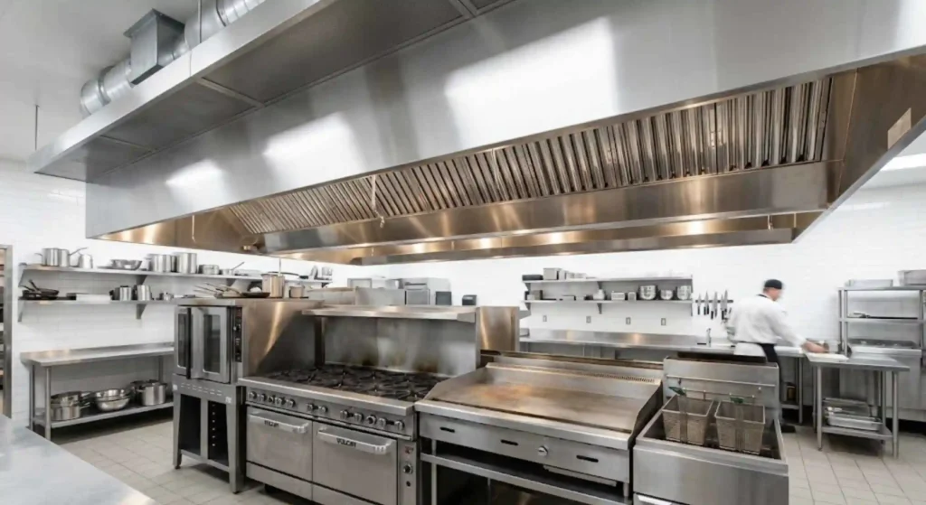 clean, shiny commercial kitchen hood system