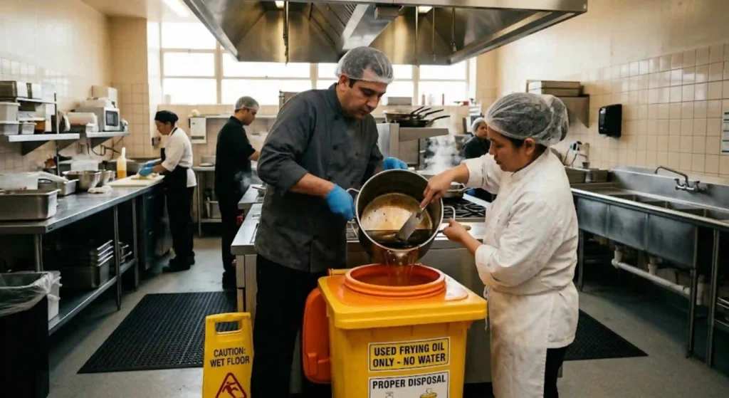 kitchen staff properly disposing of grease
