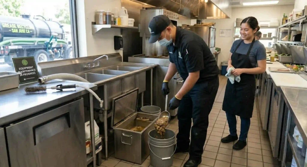 technician cleaning grease trap