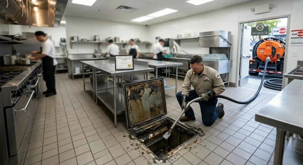 Technician removing grease buildup from restaurant trap system in San Carlos
