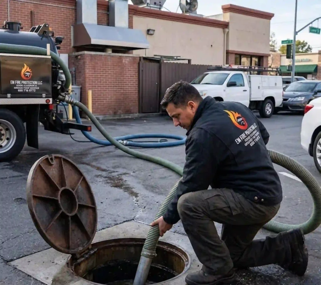 Commercial grease trap cleaning technician servicing restaurant in San Carlos