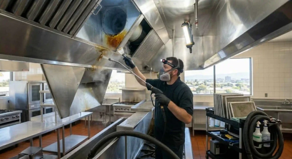 Professional hood cleaning technician removing grease buildup in San Carlos