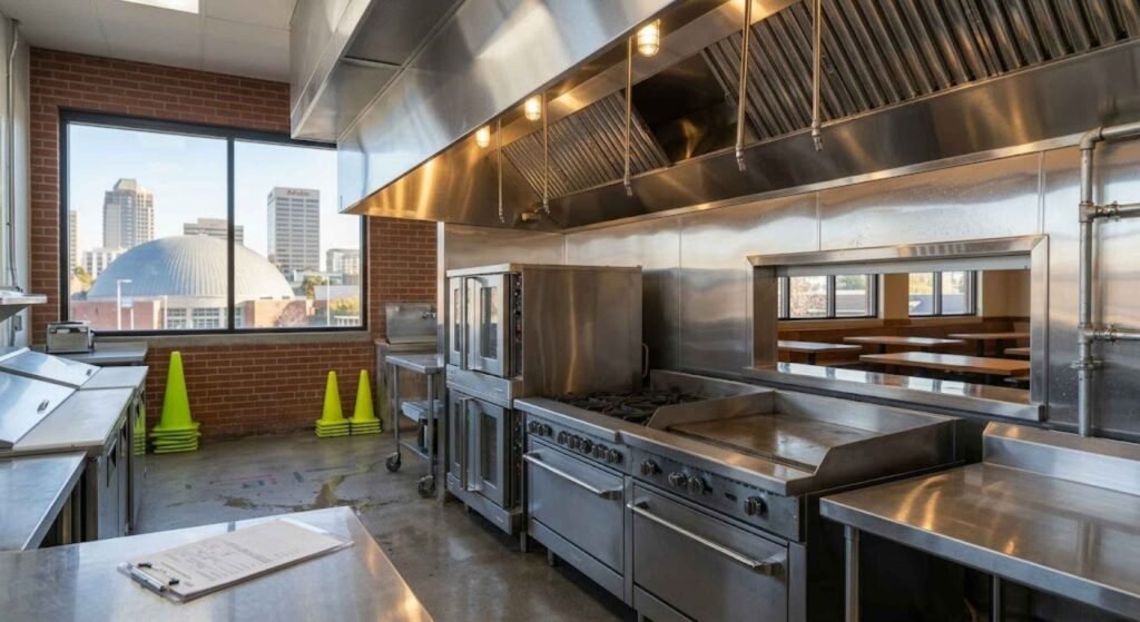 Commercial kitchen ready for inspection after hood cleaning