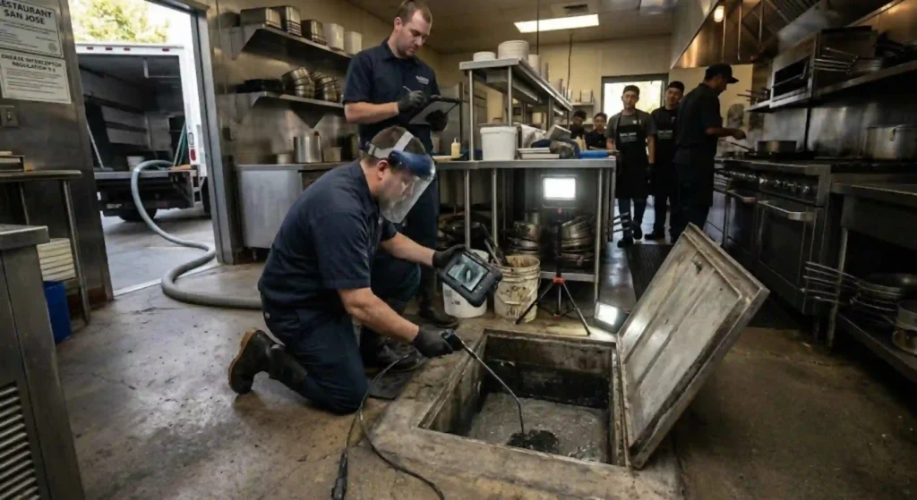 Grease trap inspection in a San Jose restaurant