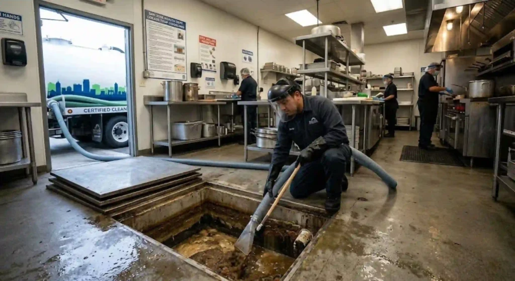 Professional grease trap cleaning in San Jose commercial kitchen