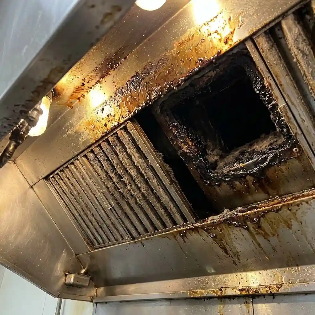 Grease accumulation inside a commercial kitchen hood highlights the importance of NFPA 96 maintenance.