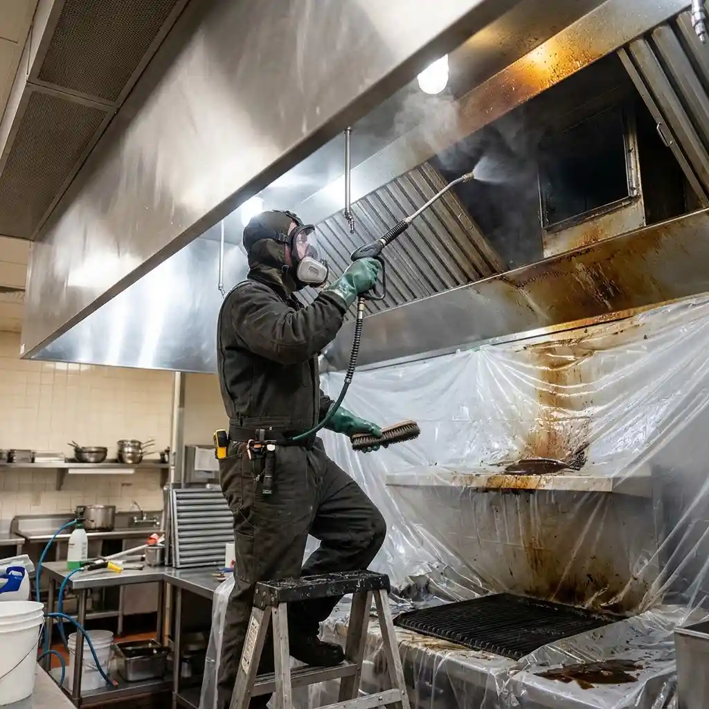 Professional hood cleaning removes grease from commercial kitchen exhaust components in Palo Alto.